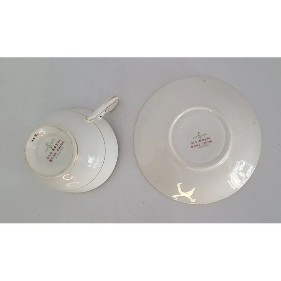 Rare Vintage OLD ROYAL Bone China Teacup & Saucer fruit orchard Gold Rimmed - Picture 7 of 8